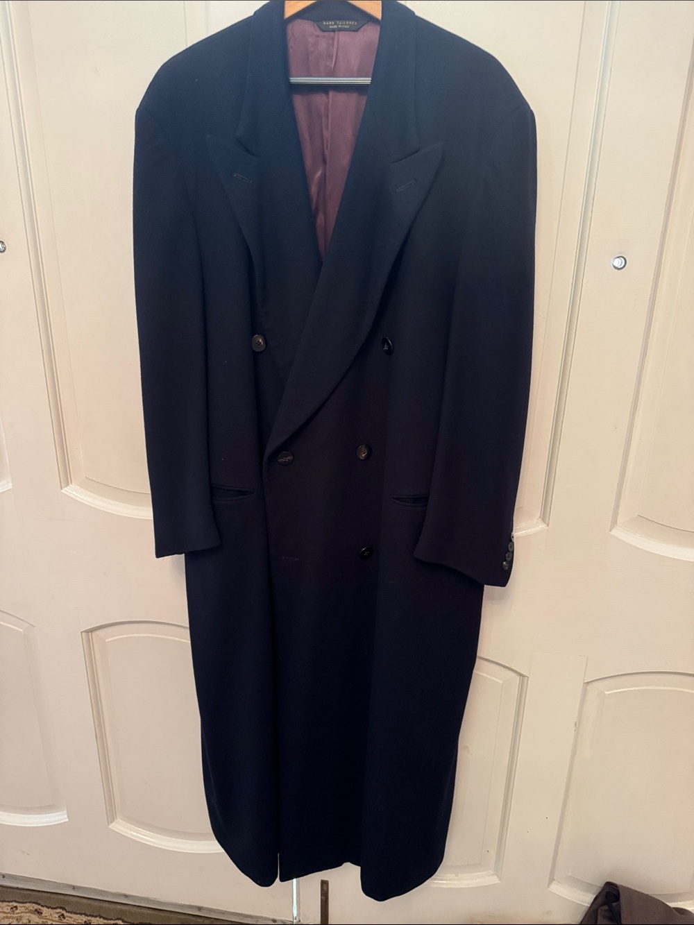 Brioni Double-Breasted Black Trench Coat with Burgundy Lining